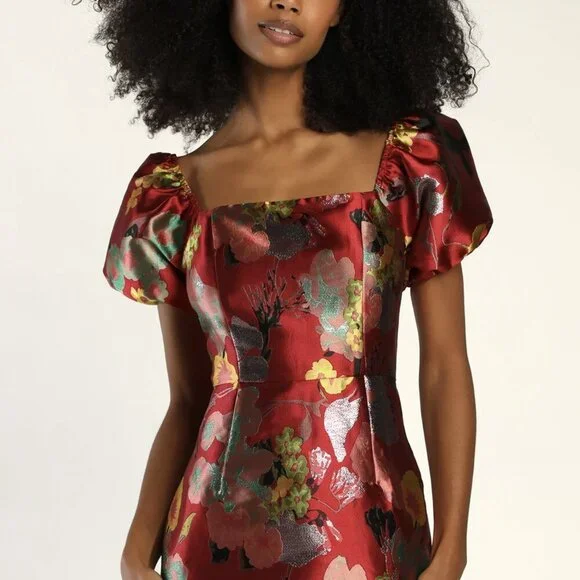 NWT Lulus So Stunning Red Multi Floral Jacquard Puff Sleeve Mini Dress - Picture 2 of 9